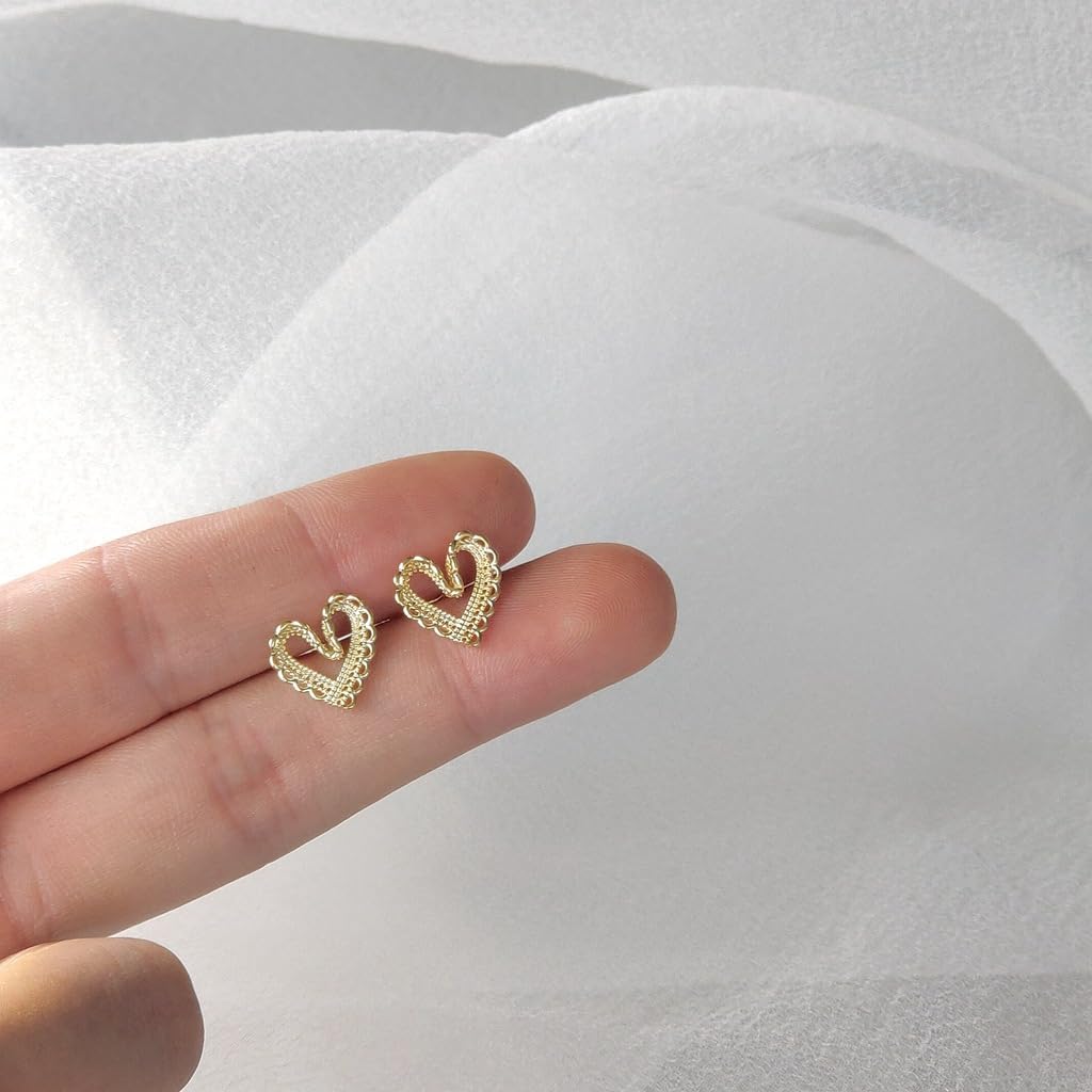 UELSTA Delicate Filigree Heart Stud Earrings for Women Sustainable 14K Gold Plated Recycled Brass Hypoallergenic 925 Sterling Silver Posts PVD Coated Openwork & Romantic 12mm