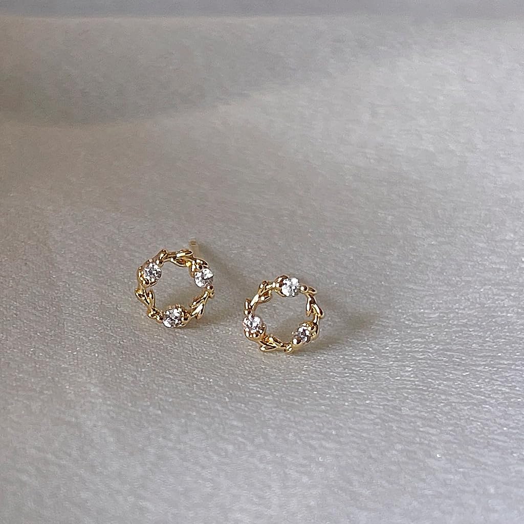 UELSTA Sparkling Zircon Wreath Stud Earrings for Women Sustainable 14K Gold Plated Recycled Brass Micro-Inlaid Zircon Rhinestone Hypoallergenic 925 Silver Posts Minimalist & Nature-Inspired 6mm