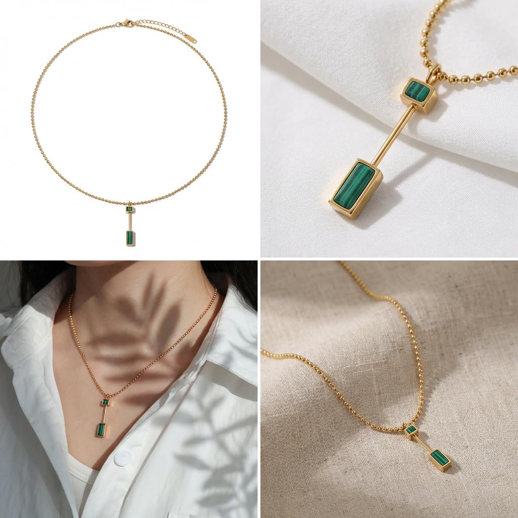 UELSTA Geometrische Malachit-Stab-Halskette für Damen Nachhaltig 18K vergoldeter Edelstahl Lineares Design Ethisch bezogener Malachit Minimalistisch & Vielseitig 42+6cm