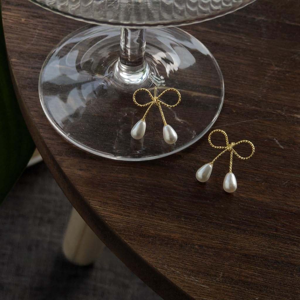 UELSTA Ribbon Pearl Drop Earrings for Women Sustainable 14K Gold Plated Recycled Brass 925 Sterling Silver Posts Faux Pearls Bowknot Design 17mm