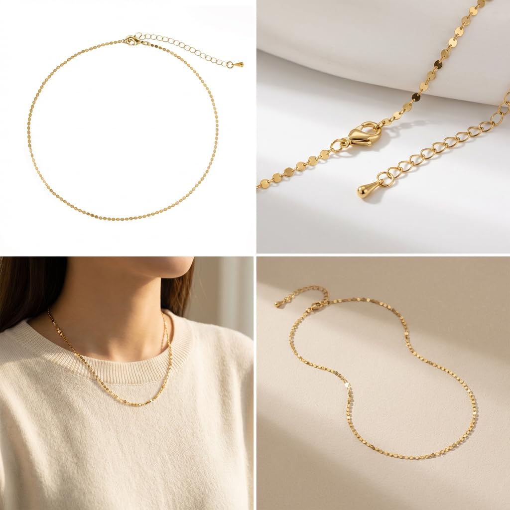 UELSTA Delicate Shimmer Bead Chain Necklace for Women Sustainable 18K Gold Plated Stainless Steel PVD Coated Hypoallergenic Minimalist Layering Choker 35+5cm