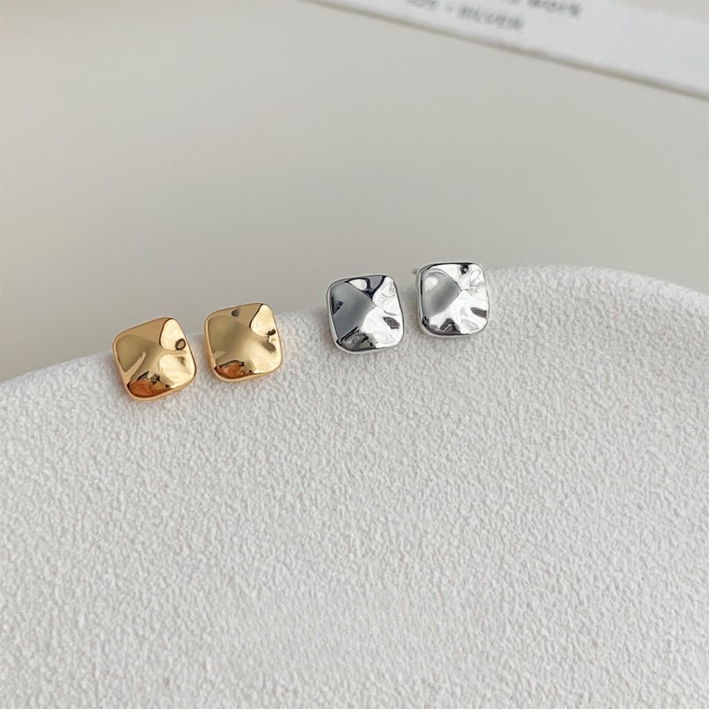 UELSTA Textured Square Stud Earrings for Women Sustainable 18K Gold / White Gold Real-Gold-Plated Recycled Brass Hypoallergenic 925 Sterling Silver Posts PVD Coated Elegant & Modern 7mm
