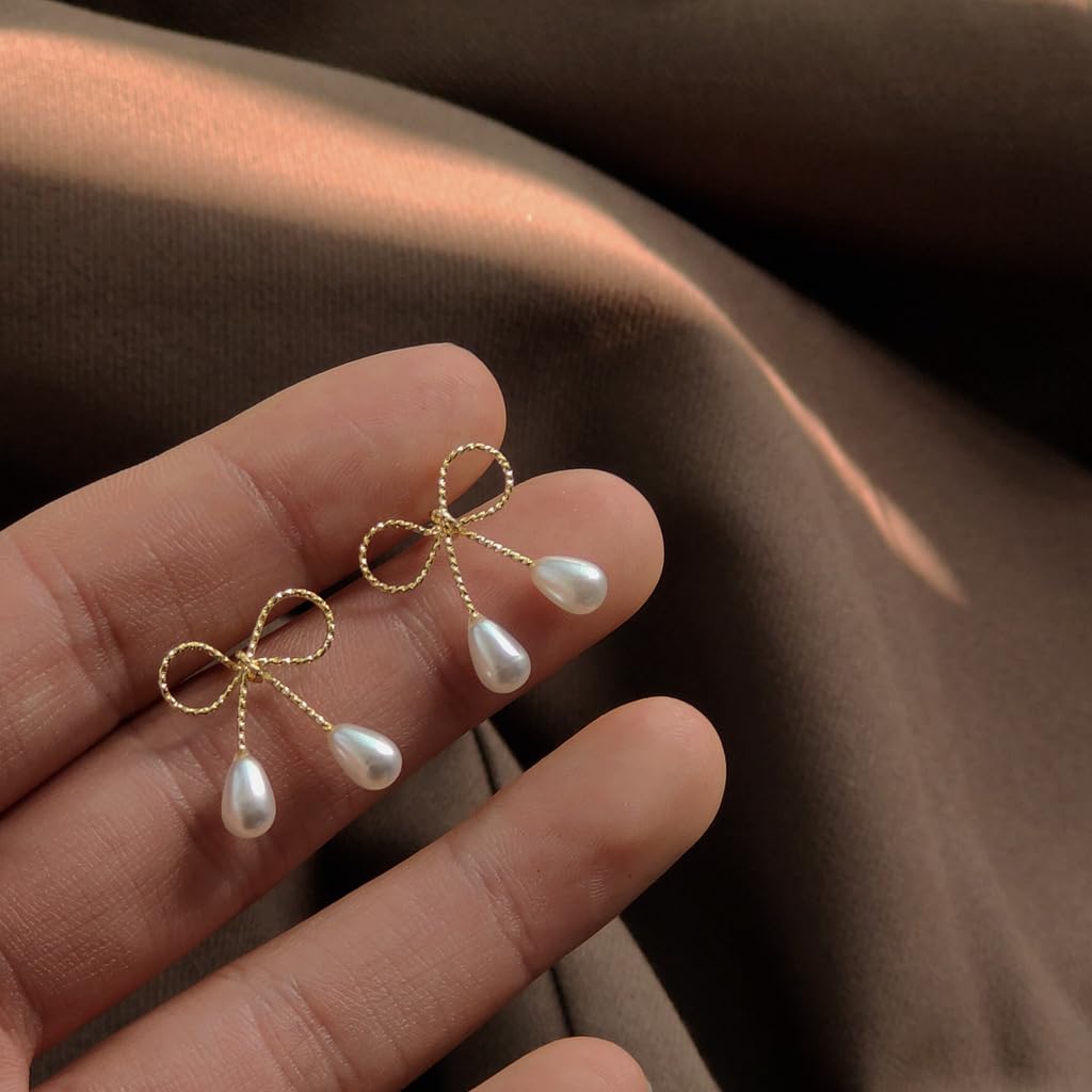UELSTA Ribbon Pearl Drop Earrings for Women Sustainable 14K Gold Plated Recycled Brass 925 Sterling Silver Posts Faux Pearls Bowknot Design 17mm