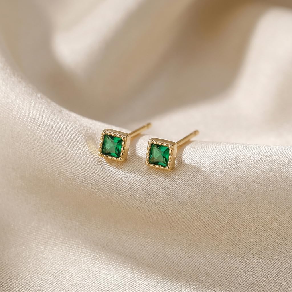UELSTA Square Faux Emerald Stud Earrings for Women Sustainable 14K Gold Plated Recycled Brass 925 Sterling Silver Posts Faux Emerald Minimalist & Versatile 3mm