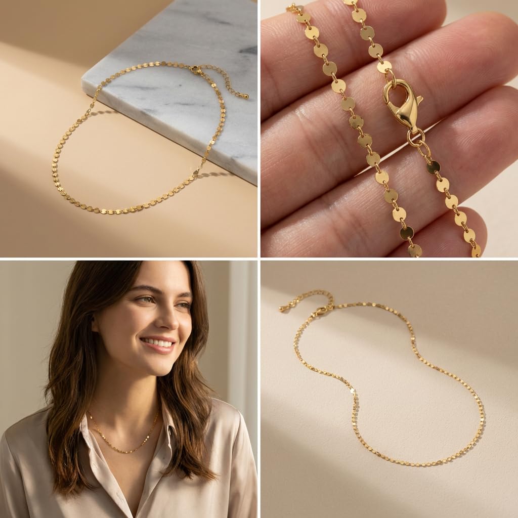 UELSTA Delicate Shimmer Bead Chain Necklace for Women Sustainable 18K Gold Plated Stainless Steel PVD Coated Hypoallergenic Minimalist Layering Choker 35+5cm