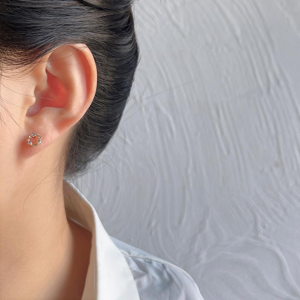UELSTA Sparkling Zircon Wreath Stud Earrings for Women Sustainable 14K Gold Plated Recycled Brass Micro-Inlaid Zircon Rhinestone Hypoallergenic 925 Silver Posts Minimalist & Nature-Inspired 6mm