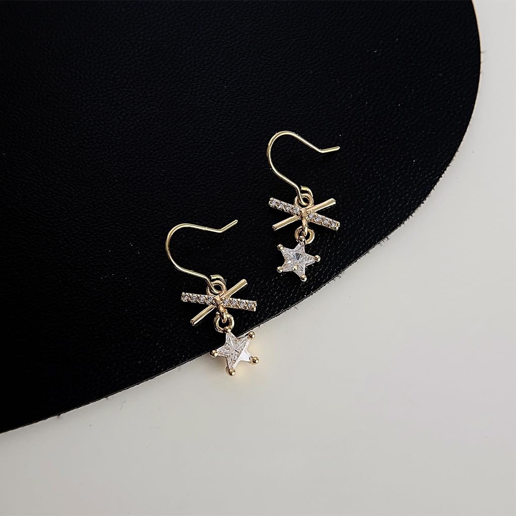 UELSTA Sparkling Rhinestone Star & Bow Drop Earrings for Women Sustainable 18K Real Gold Plated Recycled Brass Micro-Inlaid Zircon Celestial Star Design 10x23mm