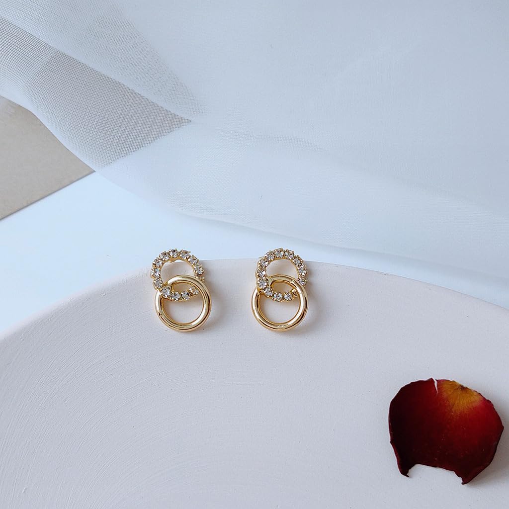UELSTA Sparkling Interlocking Circle Stud Earrings for Women Sustainable 14K Gold Plated Recycled Brass Micro-Inlaid Zircon Rhinestone Hypoallergenic 925 Silver Posts Minimalist & Symbolic 10mm