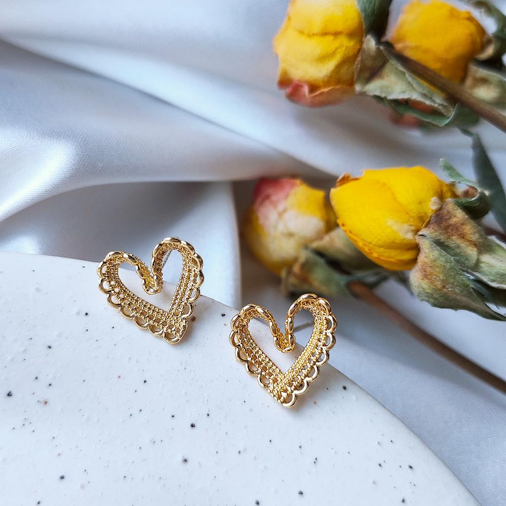 UELSTA Delicate Filigree Heart Stud Earrings for Women Sustainable 14K Gold Plated Recycled Brass Hypoallergenic 925 Sterling Silver Posts PVD Coated Openwork & Romantic 12mm