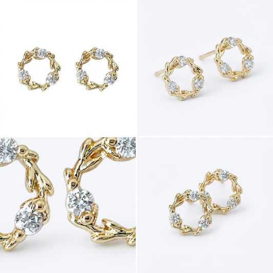 UELSTA Sparkling Zircon Wreath Stud Earrings for Women Sustainable 14K Gold Plated Recycled Brass Micro-Inlaid Zircon Rhinestone Hypoallergenic 925 Silver Posts Minimalist & Nature-Inspired 6mm