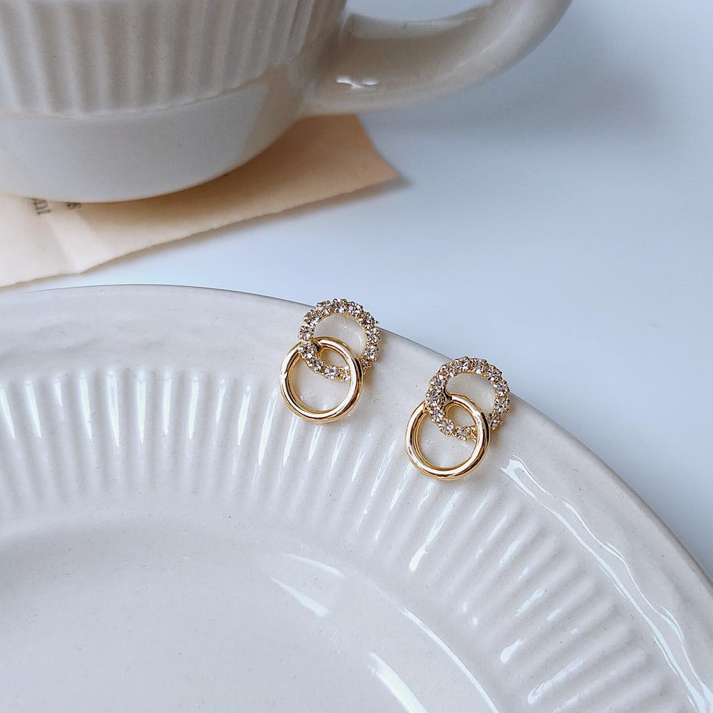 UELSTA Sparkling Interlocking Circle Stud Earrings for Women Sustainable 14K Gold Plated Recycled Brass Micro-Inlaid Zircon Rhinestone Hypoallergenic 925 Silver Posts Minimalist & Symbolic 10mm