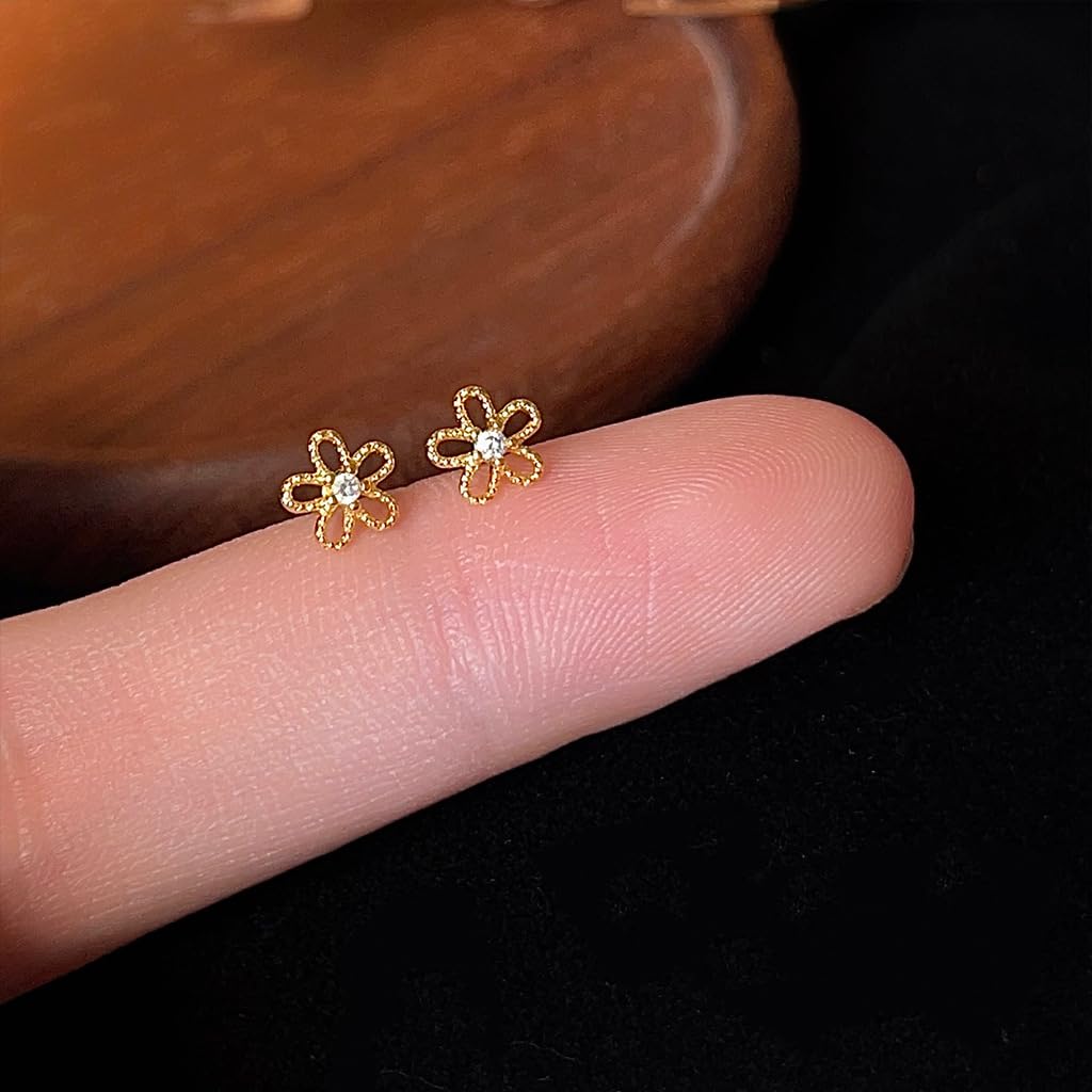 UELSTA Sparkling Zircon Flower Stud Earrings for Women Sustainable 14K Gold Plated Recycled Brass Central Zircon Rhinstone Hypoallergenic 925 Silver Posts Miniature & Nature-Inspired 6mm