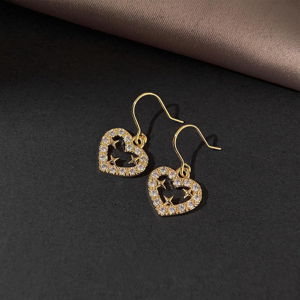UELSTA Sparkling Star Heart Drop Earrings for Women Sustainable 18K Real Gold Plated Recycled Brass Micro-Inlaid Zircon Rhinestone Dainty & Celestial 12mm