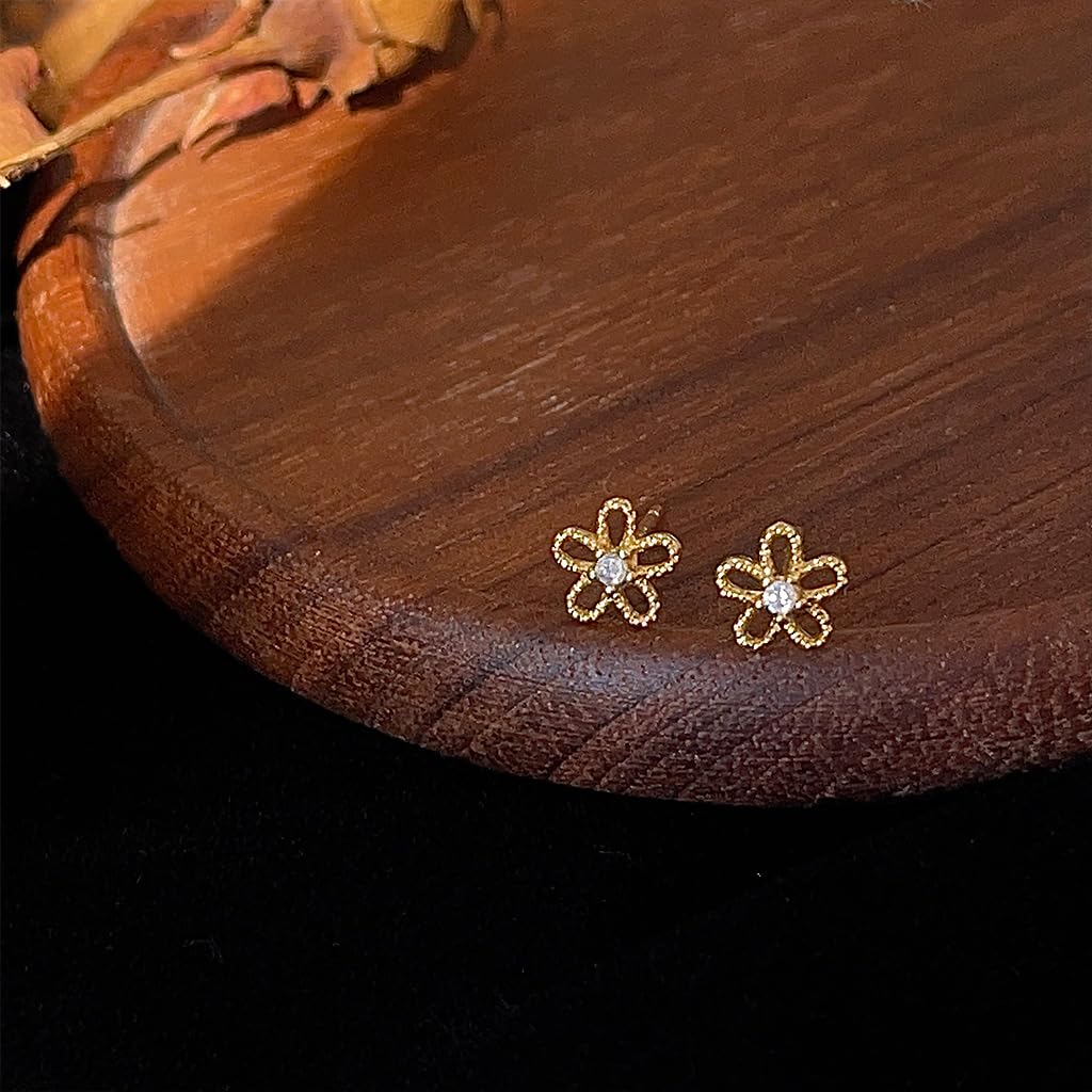 UELSTA Sparkling Zircon Flower Stud Earrings for Women Sustainable 14K Gold Plated Recycled Brass Central Zircon Rhinstone Hypoallergenic 925 Silver Posts Miniature & Nature-Inspired 6mm