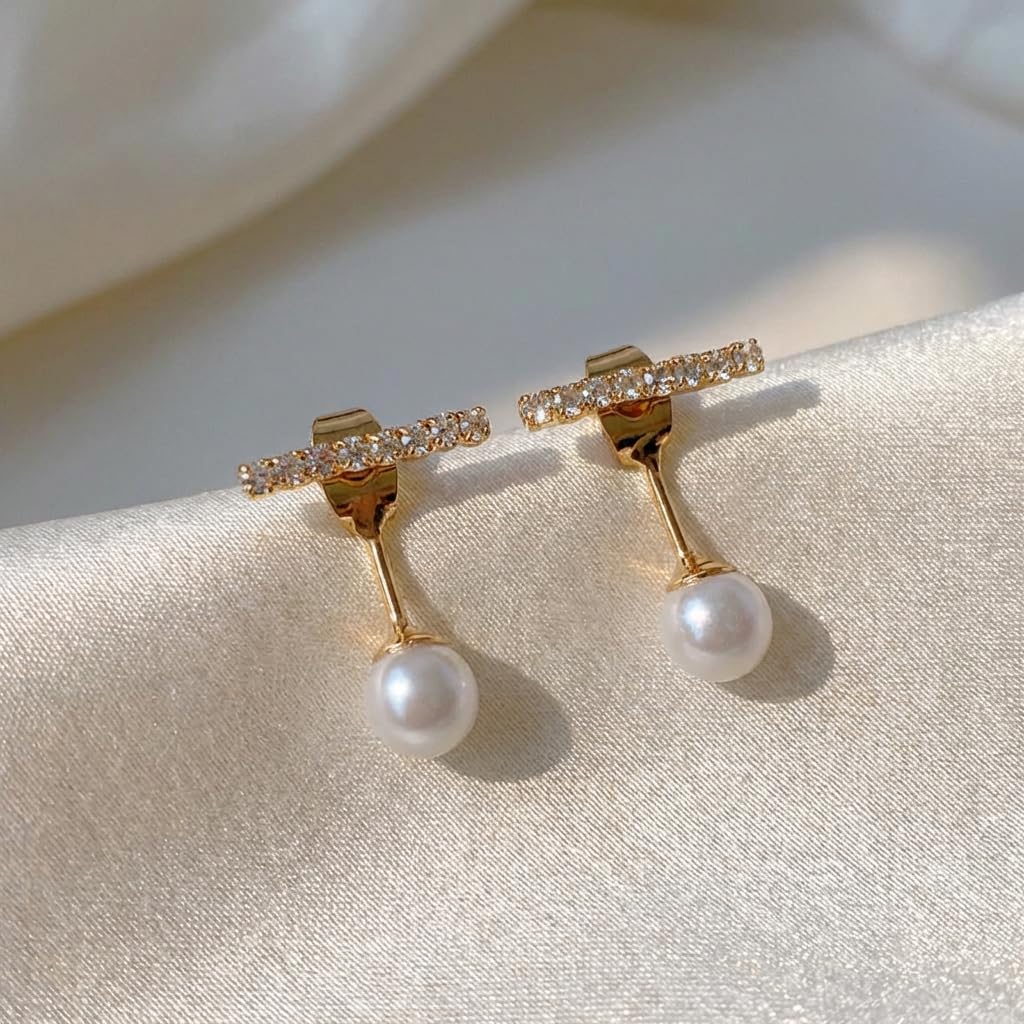 UELSTA Sparkling Rhinestone Bar & Pearl Stud Earrings for Women Sustainable 14K Gold Plated Recycled Brass 925 Sterling Silver Posts Faux Pearls Rhinestone Bar Design 14x19mm