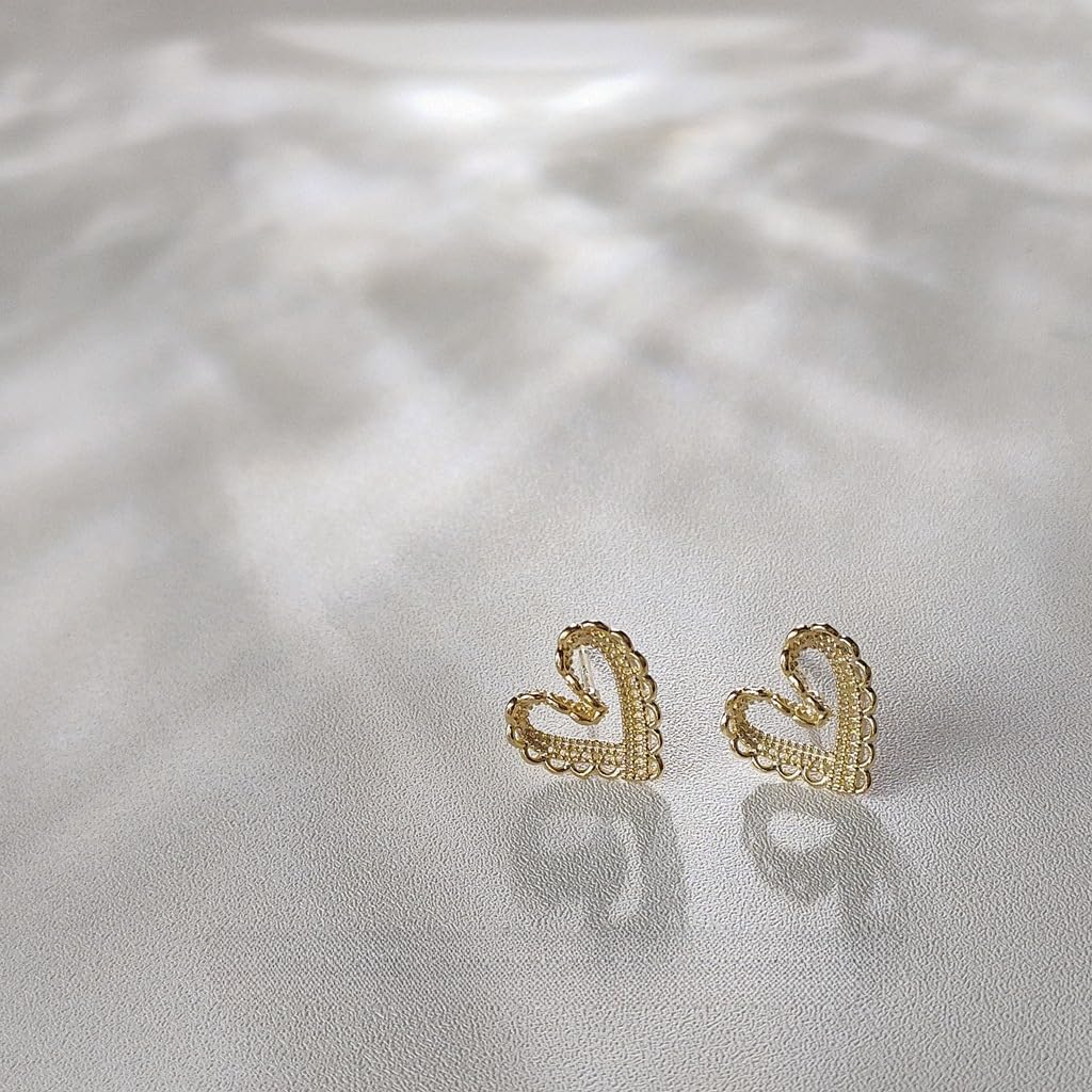 UELSTA Delicate Filigree Heart Stud Earrings for Women Sustainable 14K Gold Plated Recycled Brass Hypoallergenic 925 Sterling Silver Posts PVD Coated Openwork & Romantic 12mm