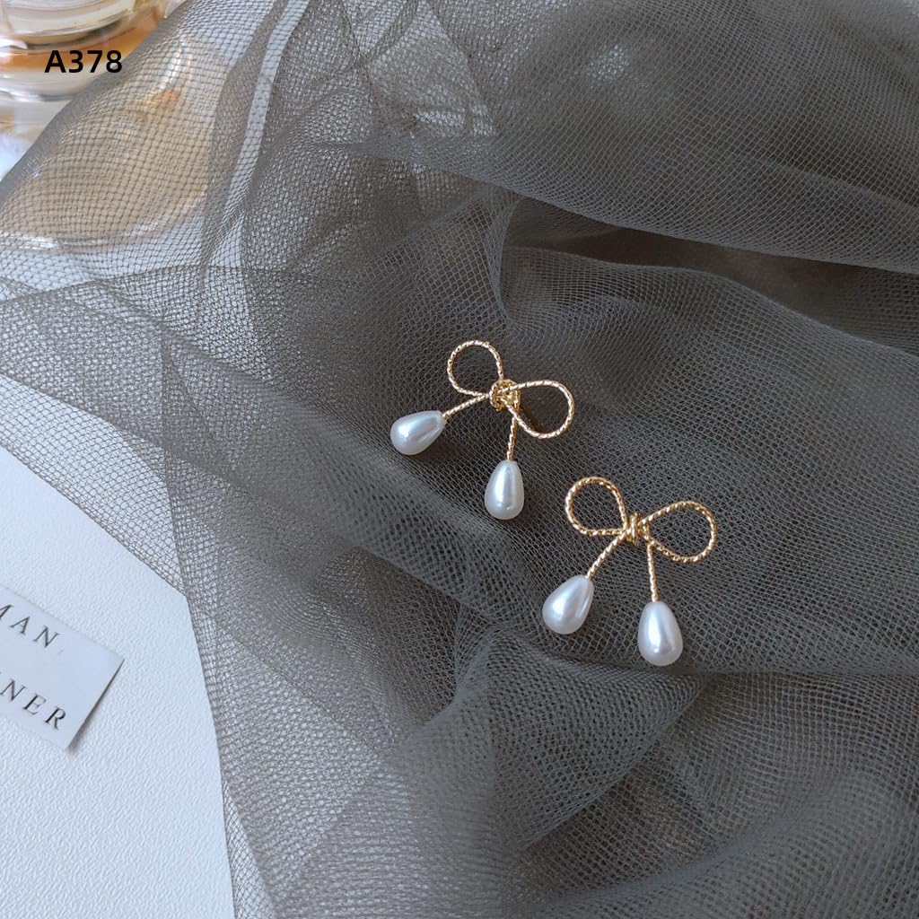 UELSTA Ribbon Pearl Drop Earrings for Women Sustainable 14K Gold Plated Recycled Brass 925 Sterling Silver Posts Faux Pearls Bowknot Design 17mm