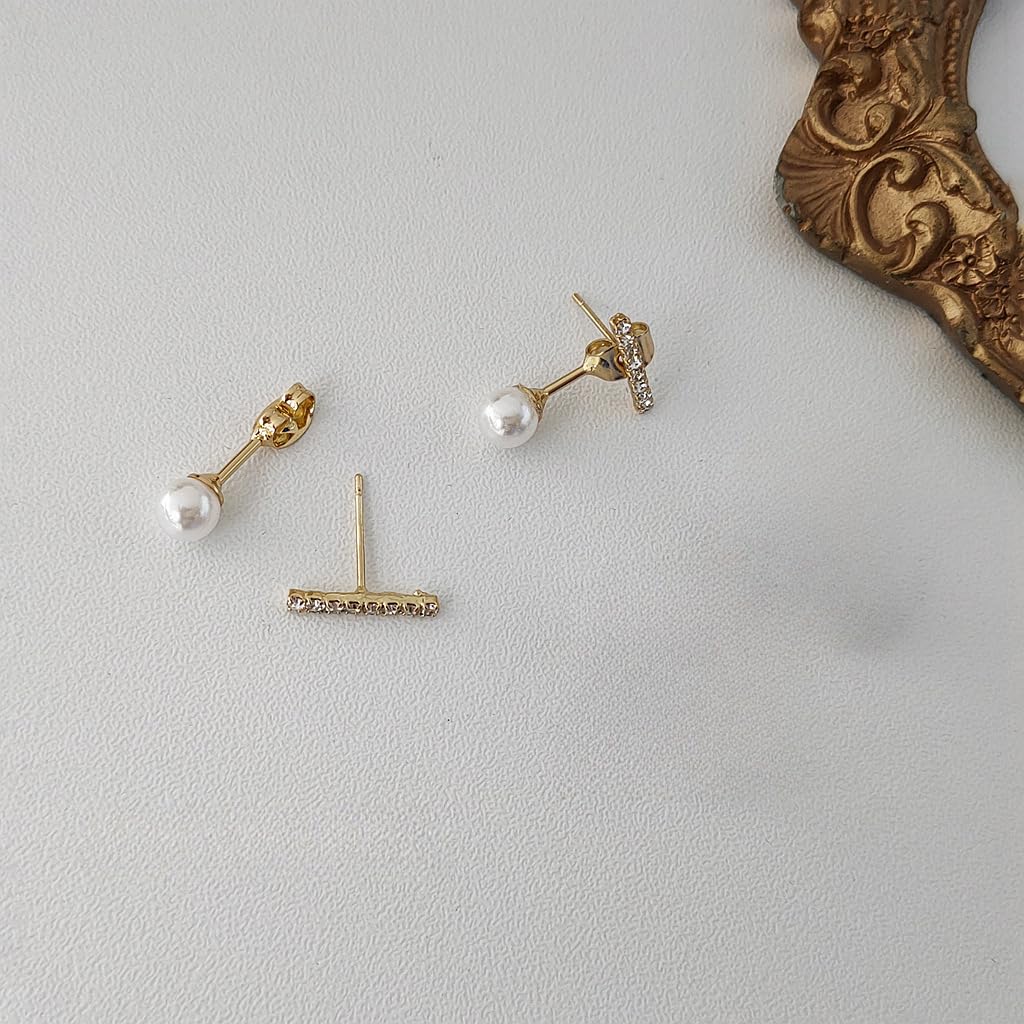 UELSTA Sparkling Rhinestone Bar & Pearl Stud Earrings for Women Sustainable 14K Gold Plated Recycled Brass 925 Sterling Silver Posts Faux Pearls Rhinestone Bar Design 14x19mm