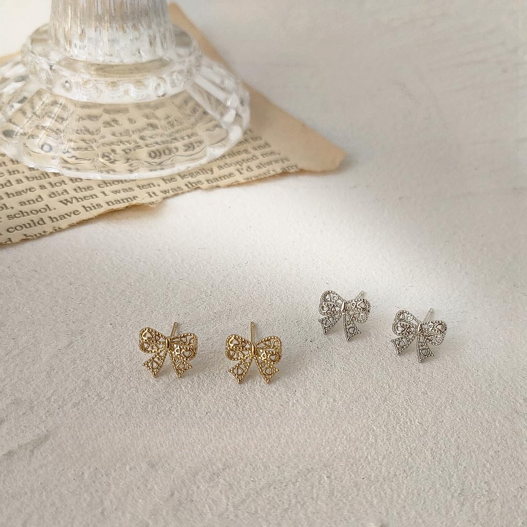 UELSTA Delicate Filigree Bow Stud Earrings for Women Sustainable 14K Gold Plated Recycled Brass PVD Coated Hypoallergenic 925 Silver Posts Miniature & Elegant 10mm