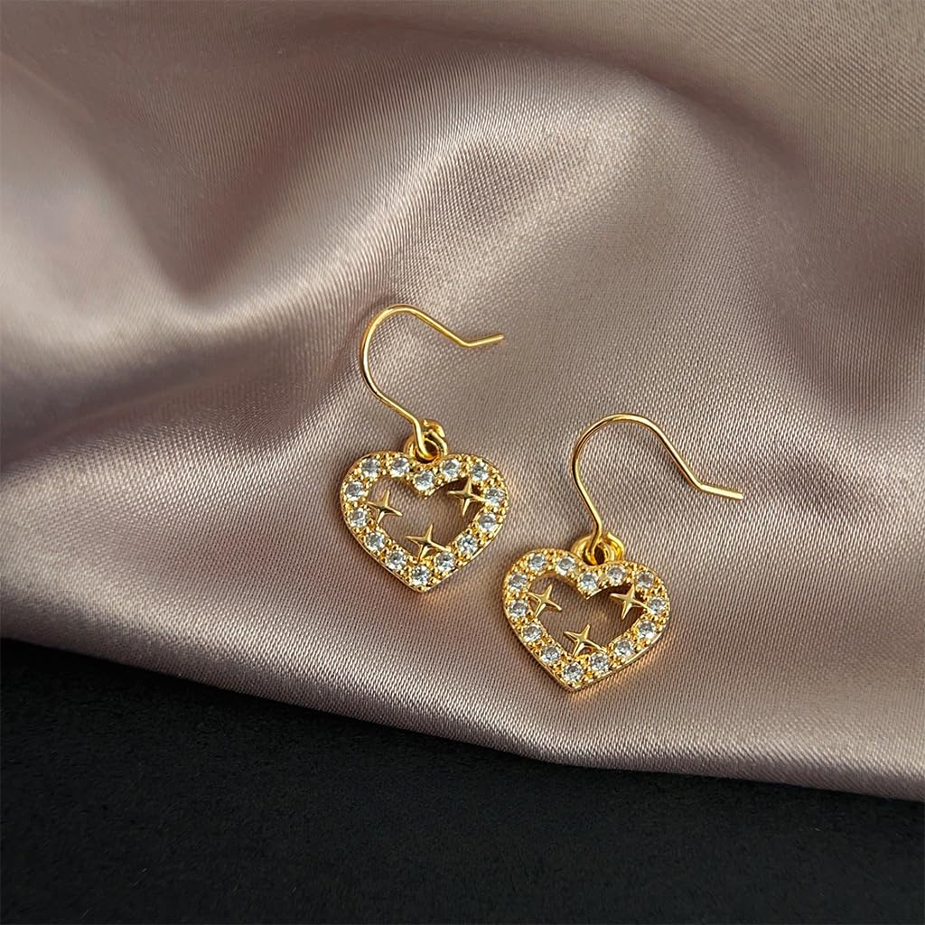 UELSTA Sparkling Star Heart Drop Earrings for Women Sustainable 18K Real Gold Plated Recycled Brass Micro-Inlaid Zircon Rhinestone Dainty & Celestial 12mm