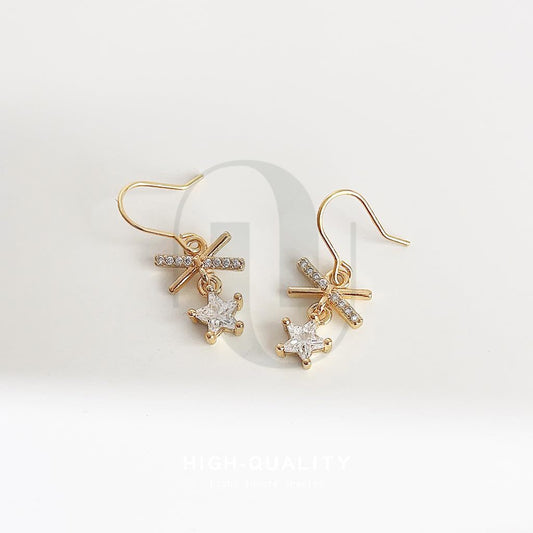 UELSTA Sparkling Rhinestone Star & Bow Drop Earrings for Women Sustainable 18K Real Gold Plated Recycled Brass Micro-Inlaid Zircon Celestial Star Design 10x23mm