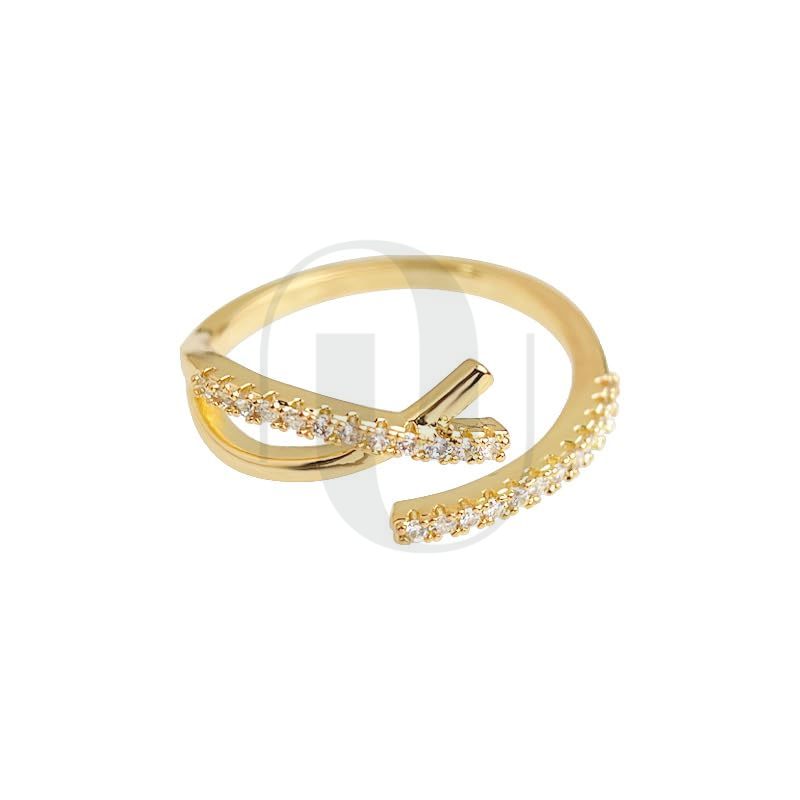 UELSTA Sparkling Rhinestone Crossover Adjustable Ring for Women Sustainable 14K Gold Plated Recycled Brass Dazzling Cubic Zirconia Open Design Minimalist & Versatile