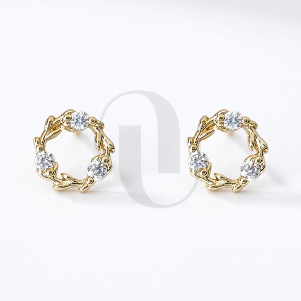 UELSTA Sparkling Zircon Wreath Stud Earrings for Women Sustainable 14K Gold Plated Recycled Brass Micro-Inlaid Zircon Rhinestone Hypoallergenic 925 Silver Posts Minimalist & Nature-Inspired 6mm